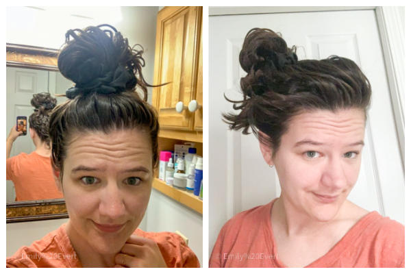 Wavy hair in a pineapple before and after sleeping