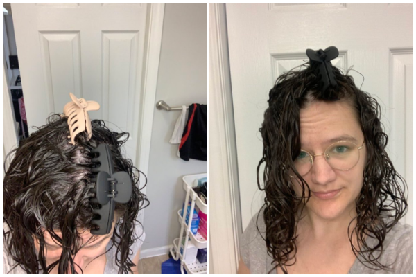 Before and after diffusing naturally wavy hair with big root clips